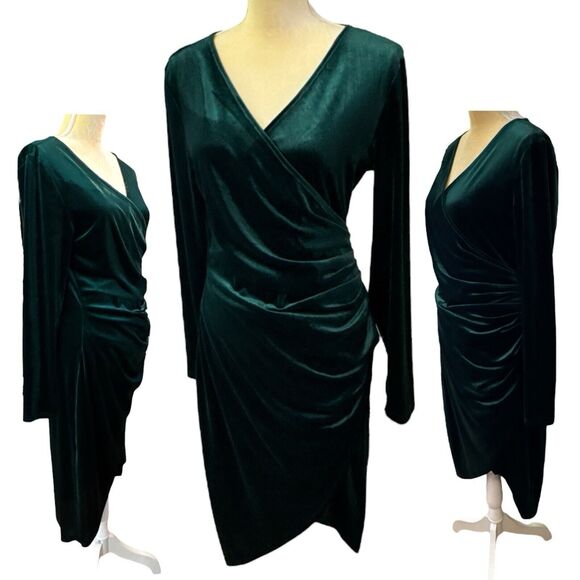 Emerald Velvet Dress Large Cocktail Holiday Elegant Elevated Old Money Stretch - Picture 1 of 16